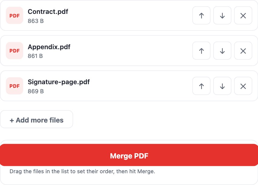 Three PDF files queued in the merge tool with reorder buttons