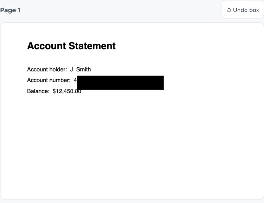 Drawing a black redaction box over an account number in the redact tool